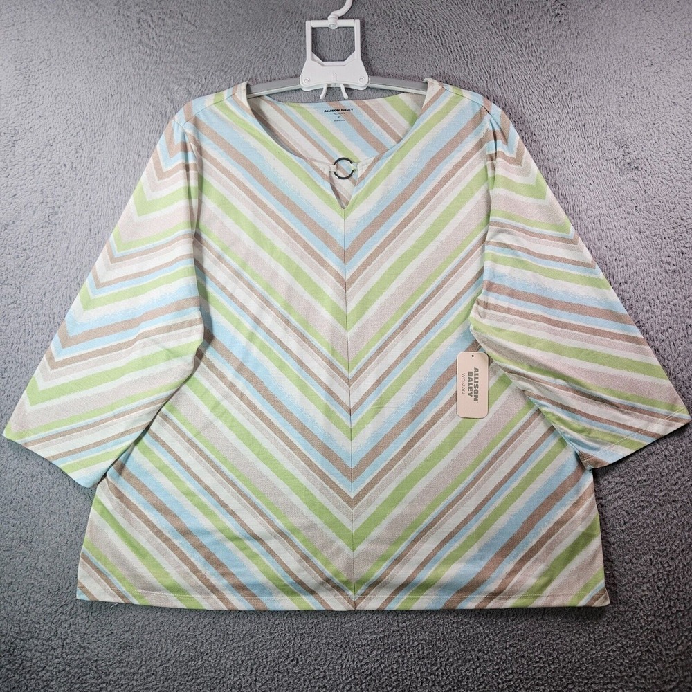 NWT Allison Daley Top Blouse Women 3X Green Blue Brown Beige Striped NEW